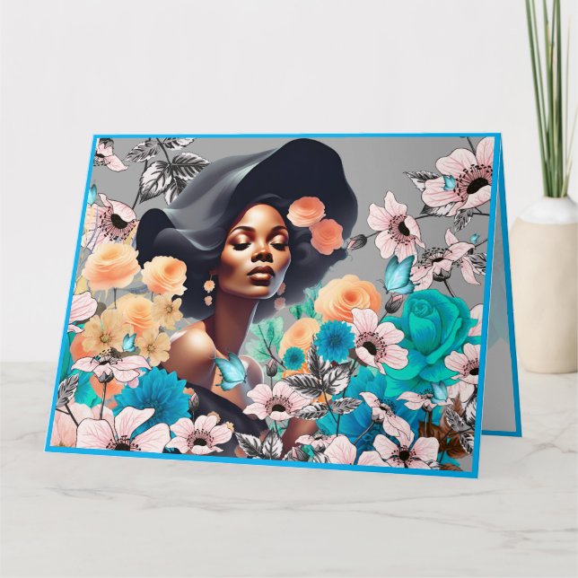 BLACK BEAUTY WOMAN GREYTONES FLOWERS BUTTERFLIES CARD (Front)