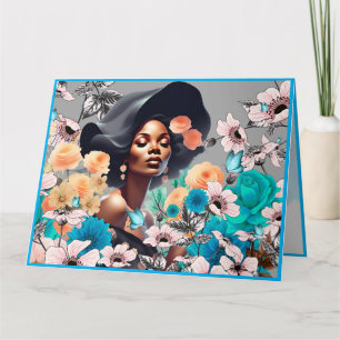 BLACK BEAUTY WOMAN GREYTONES FLOWERS BUTTERFLIES CARD