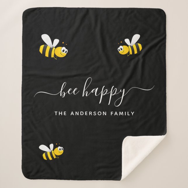 Black bee happy bumble bees summer fun family name sherpa blanket (Front)