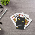 Black bee happy bumble bees summer fun humour name playing cards<br><div class="desc">Decorated with happy,  smiling yellow and black  bumblebees. A chic black background. White hand lettered script and the text: Bee Happy.  Personalise and add a name.</div>