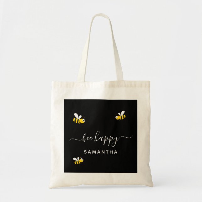 Black bee happy bumble bees summer yellow name tote bag (Front)