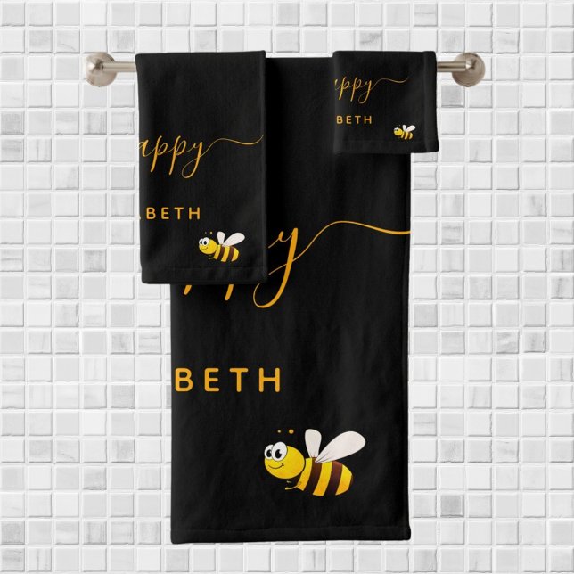 Black bee happy bumble bees sweet honey monogram bath towel set (Creator Uploaded)