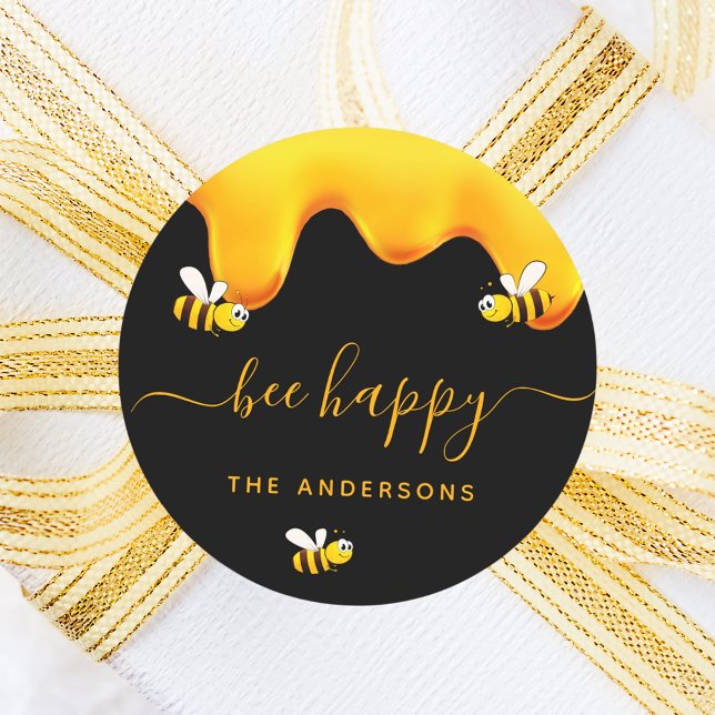 Black bee happy bumble bees sweet honey monogram classic round sticker (Creator Uploaded)