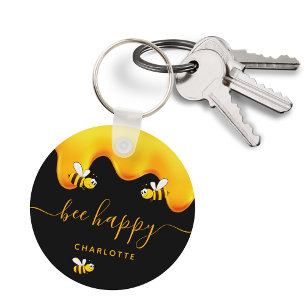 Black bee happy bumble bees sweet honey monogram key ring