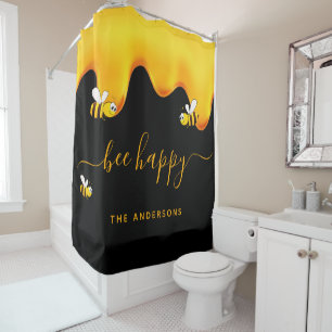 Black bee happy bumble bees sweet honey monogram shower curtain