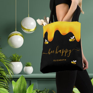 Black bee happy bumble bees sweet honey monogram tote bag