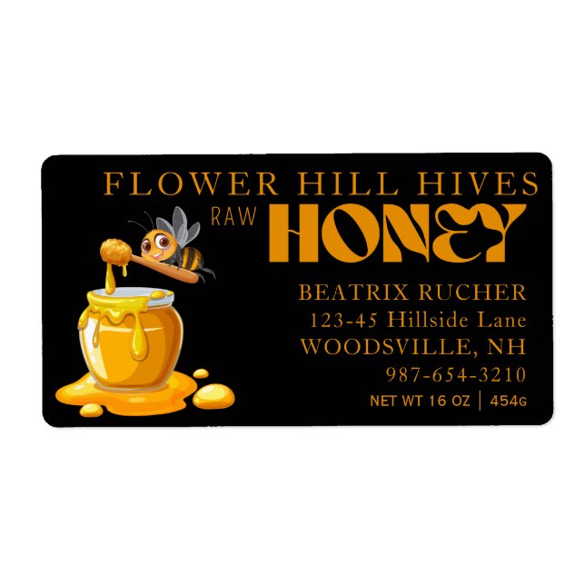 Black Bee Honey Label Metallic Gold Text  (Front)