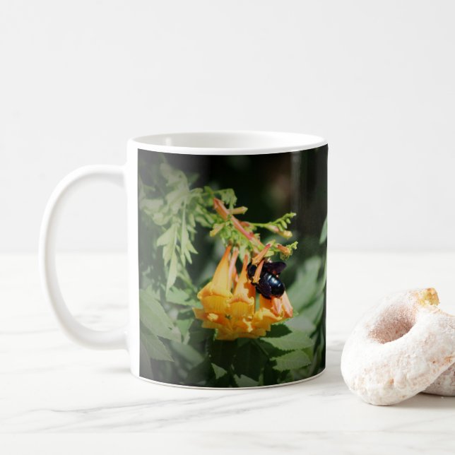 Black Bee on Orange Trumpet Vine Flower Coffee Mug (With Donut)