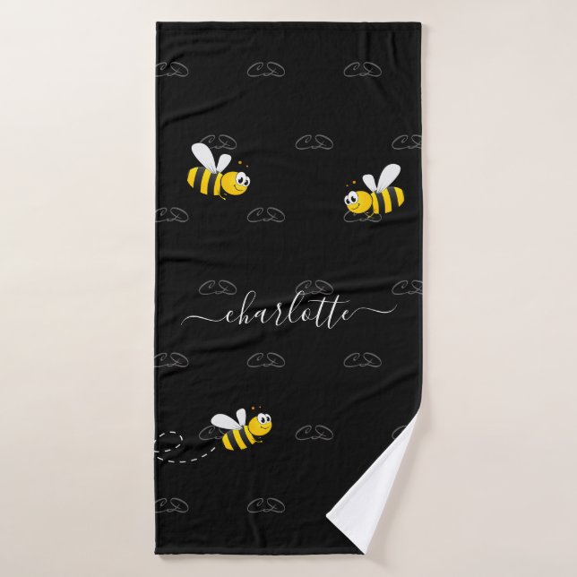 Black bees summer fun humour monogram bath towel set (Bath Towel)