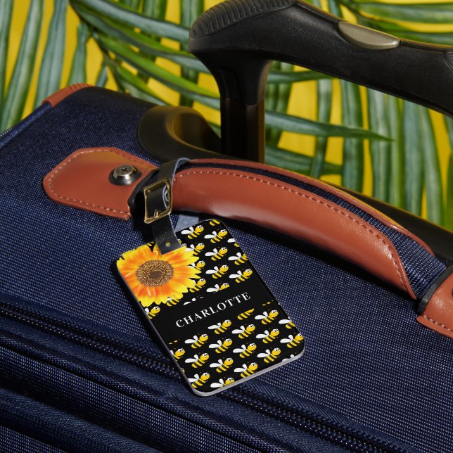 Black bees yellow sunflower name luggage tag (Front Insitu 1)
