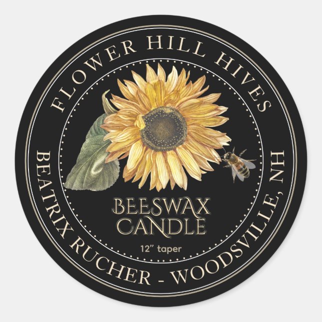 Black Beeswax Candle label Sunflower Gold Text (Front)