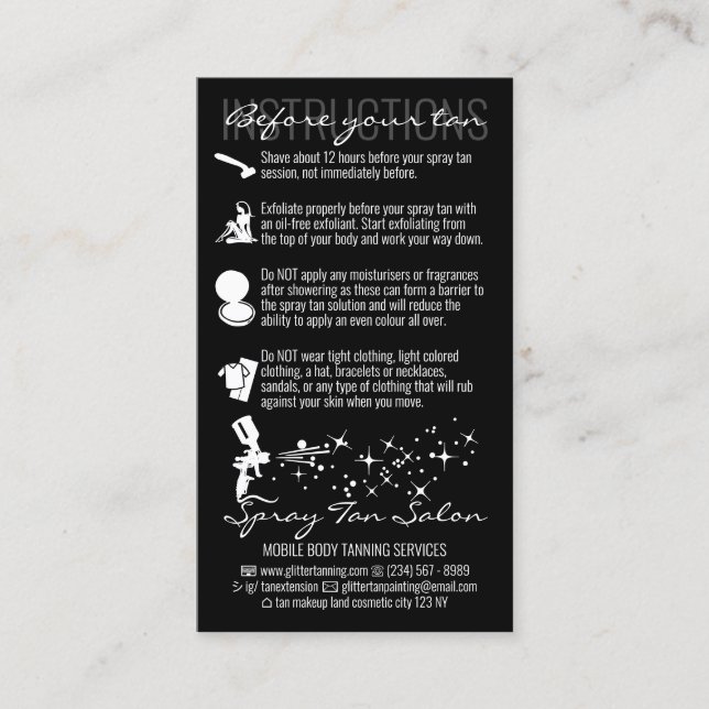 Black Before After Care Instruction Spray Tan Business Card (Front)