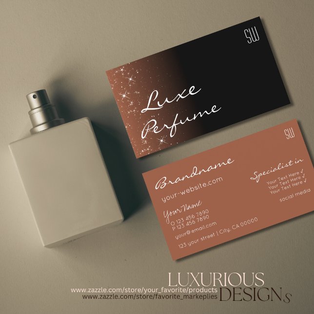 Black Beige Brown Chic Glitter Stars with Monogram Business Card (Creator Uploaded)