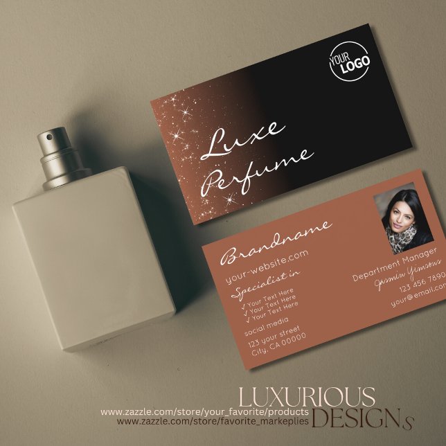 Black Beige Brown with Glitter Stars Logo Photo Business Card (Creator Uploaded)