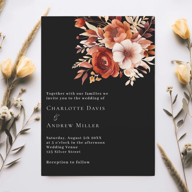 Black beige burnt orange florals luxury wedding invitation (Creator Uploaded)