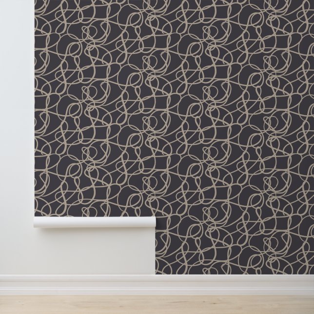 Black Beige Grey Doodle Line Pattern Wallpaper (Application)