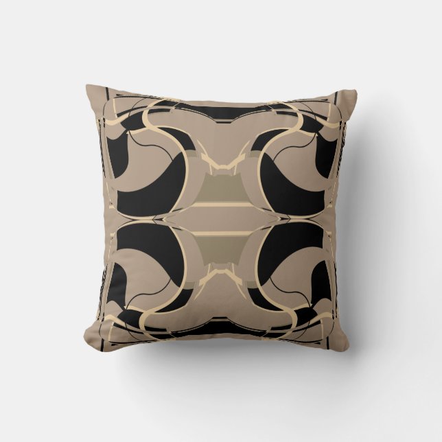 Black Beige Grey Taupe Mediterranean Scroll Mosaic Cushion (Front)