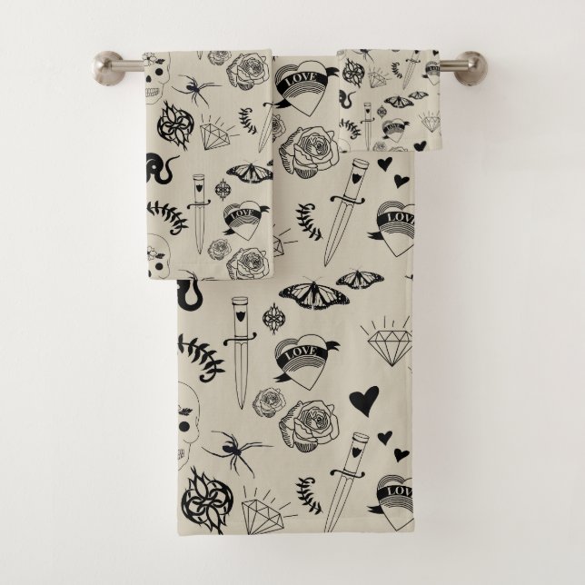 Black & Beige Hand Drawn Tattoo Pattern Bath Towel Set (Insitu)