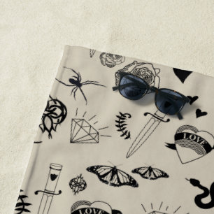 Black & Beige Hand Drawn Tattoo Pattern Beach Towel