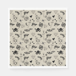 Black & Beige Hand Drawn Tattoo Pattern Napkin