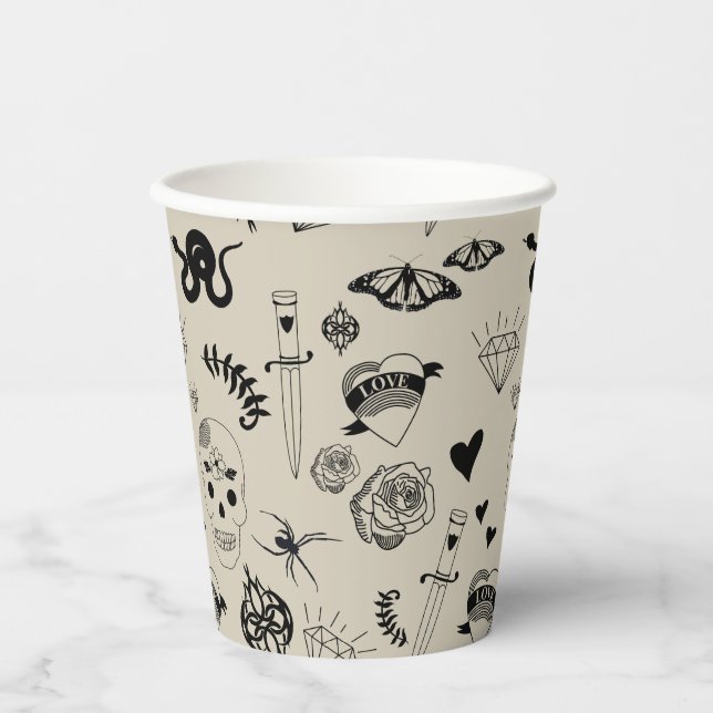 Black & Beige Hand Drawn Tattoo Pattern Paper Cups (Front)