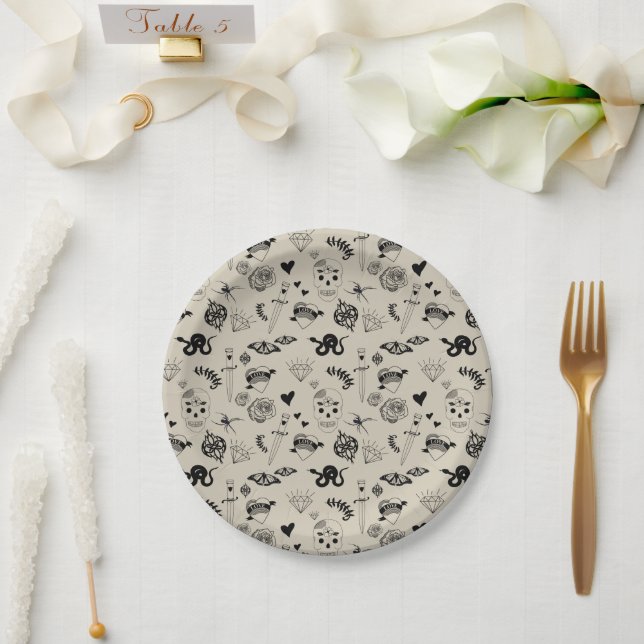 Black & Beige Hand Drawn Tattoo Pattern Paper Plate (Wedding)