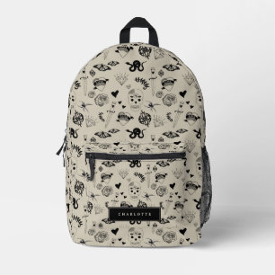 Black & Beige Hand Drawn Tattoo Pattern Printed Backpack