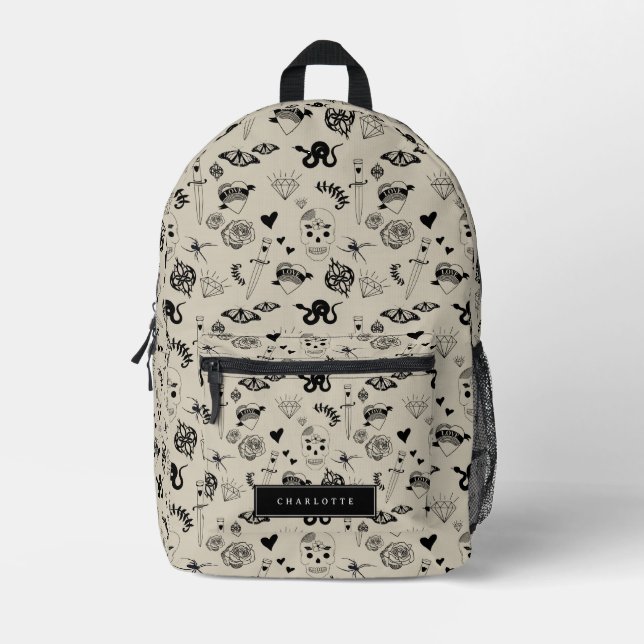 Black & Beige Hand Drawn Tattoo Pattern Printed Backpack (Front)
