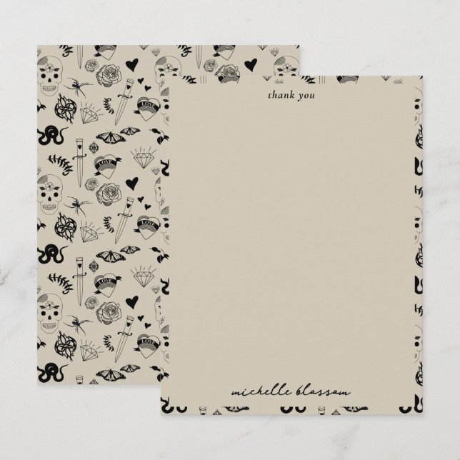 Black & Beige Hand Drawn Tattoo Pattern Thank You Card (Front/Back)