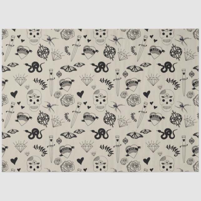 Black & Beige Hand Drawn Tattoo Pattern Tissue Paper (Front)