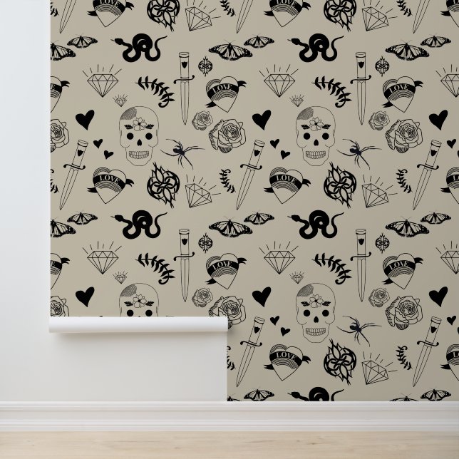 Black & Beige Hand Drawn Tattoo Pattern Wallpaper (Application)