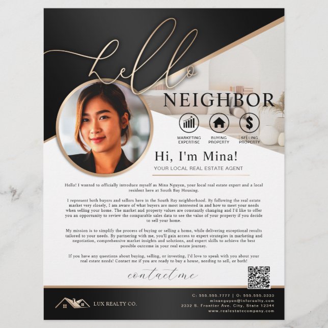 Black & Beige Hello Neighbour Realtor Introduction Flyer (Front)