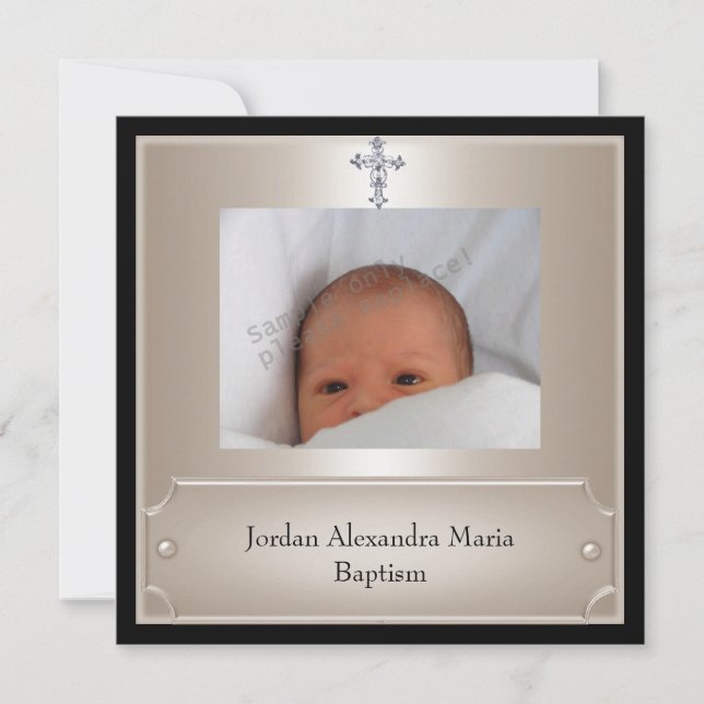 Black Beige Photo Frame Jewel Cross Baptism Invitation (Front)