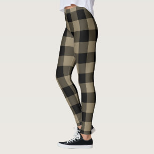 Black Beige Plaid Checked Leggings
