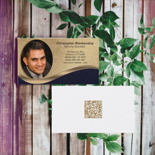 Black & Beige Professional Custom Photo QR Code Business Card (Easy to personalize QR code & custom photo double sided design business card for any business. )