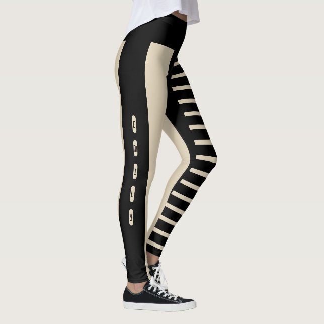 Black Beige Stripes Pattern Custom Name Emily Leggings (Right)