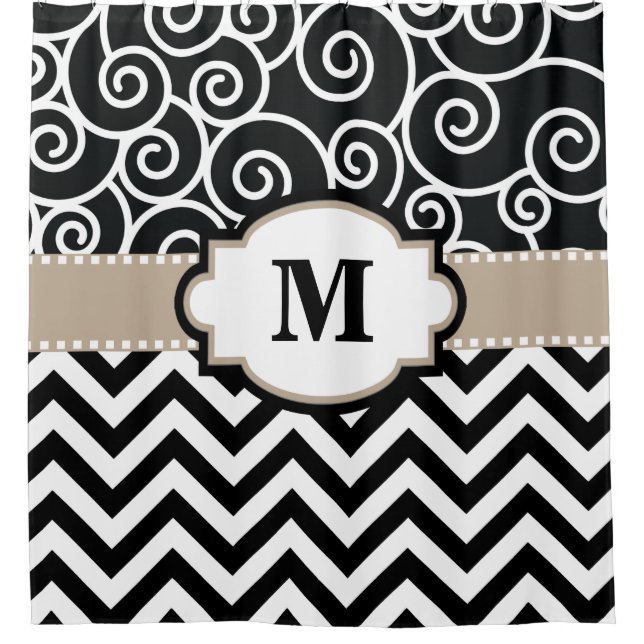 Black Beige Swirls Chevron Monogram Shower Curtain (Front)