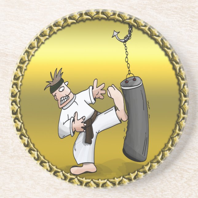 Black belt karate man kicking a black training bag coaster (Front)