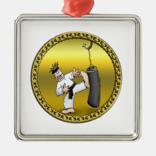 Black belt karate man kicking a black training bag metal tree decoration