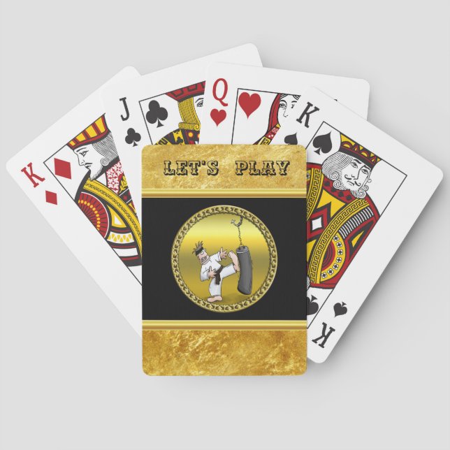 Black belt karate man kicking a black training bag playing cards (Back)