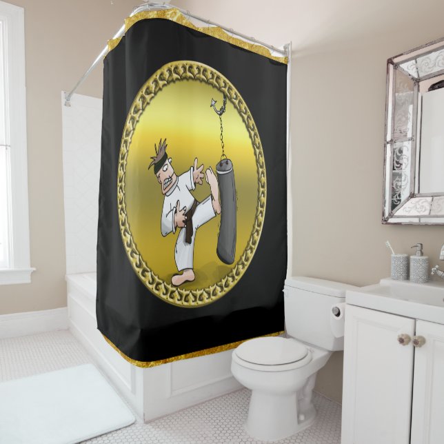 Black belt karate man kicking a black training bag shower curtain (In Situ)