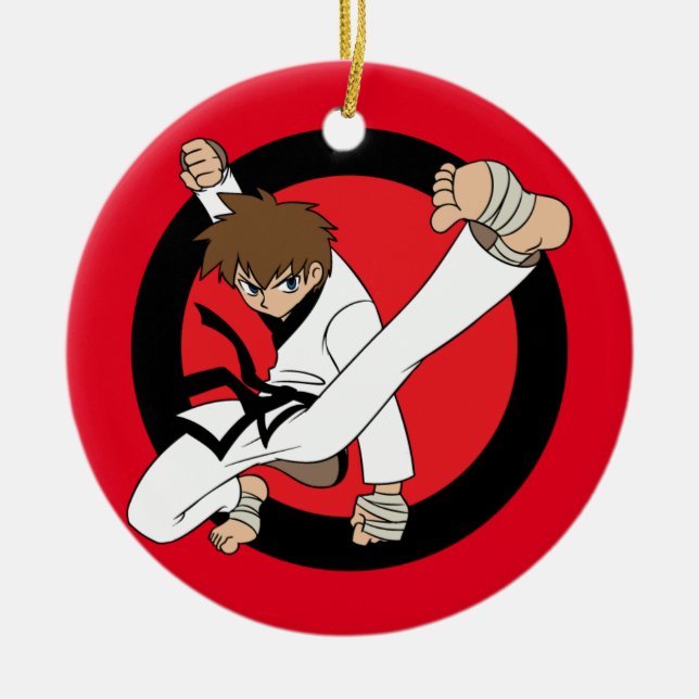 Black Belt Karate / Ninja Brunette Boy Ceramic Tree Decoration (Front)