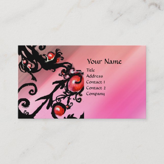 BLACK  BERRIES SWIRLS red black pink silk Business Card (Front)