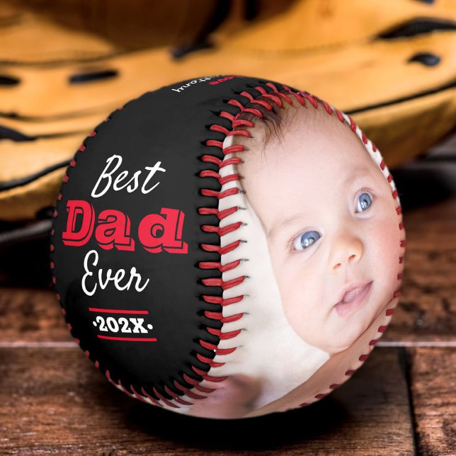 Black Best Dad Ever Bold Red Typography Photo Cool Baseball (Creator Uploaded)