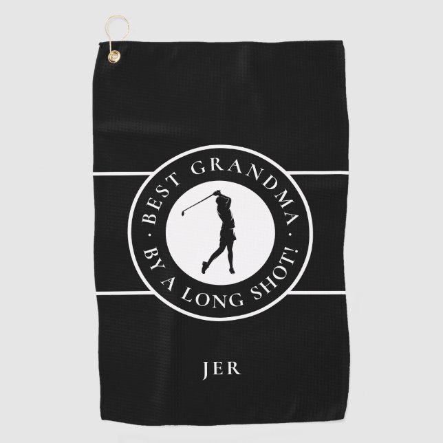 Black Best Grandma By A Long Shot Ladies Monogram Golf Towel (Front)