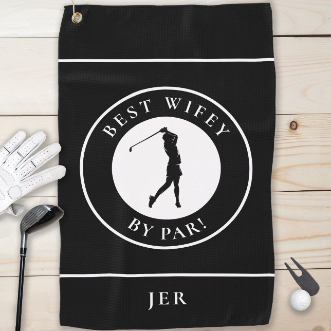 Black Best Wifey By Par Golfer Wife Monogram Sport Golf Towel (Creator Uploaded)