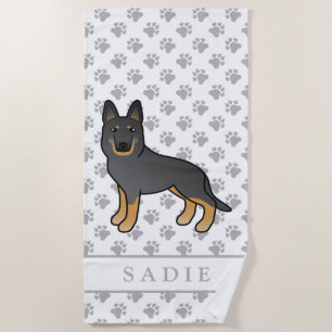 Black Bi-Colour German Shepherd Dog & Custom Name Beach Towel