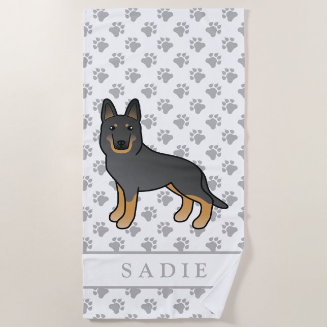 Black Bi-Colour German Shepherd Dog & Custom Name Beach Towel (Front)