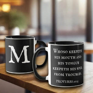 Black Bible Verse Proverbs 21:23 KJV Monogram  Mug