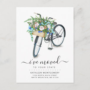 Black Bicycle Blue Floral Basket Moving Announcement Postcard
